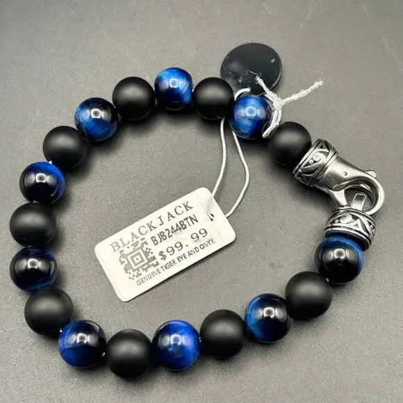 Blackjack BJB244BTN Men’s Blue Tiger Eye Onyx Beaded Bracelet 10mm NIBWT